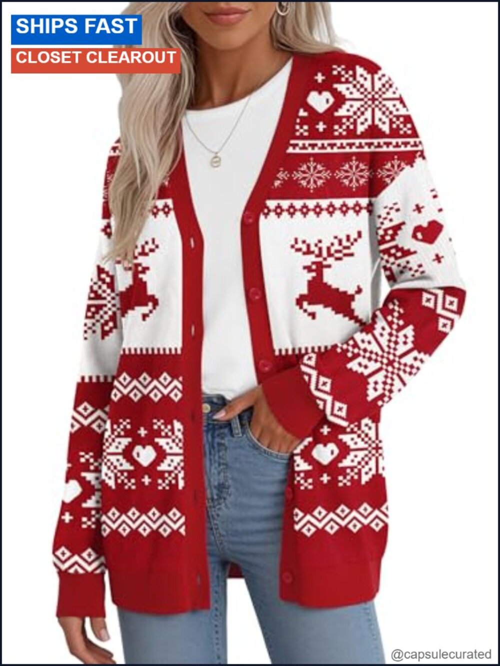Women's Oversized Christmas Cardigan Sweater V-Neck Long Sleeve Open Front